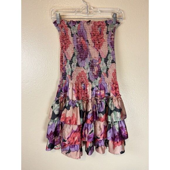 Betsey Johnson Peach Tiered Ruffle Silk Cocktail Strapless Dress S Floral Satin - Picture 2 of 4